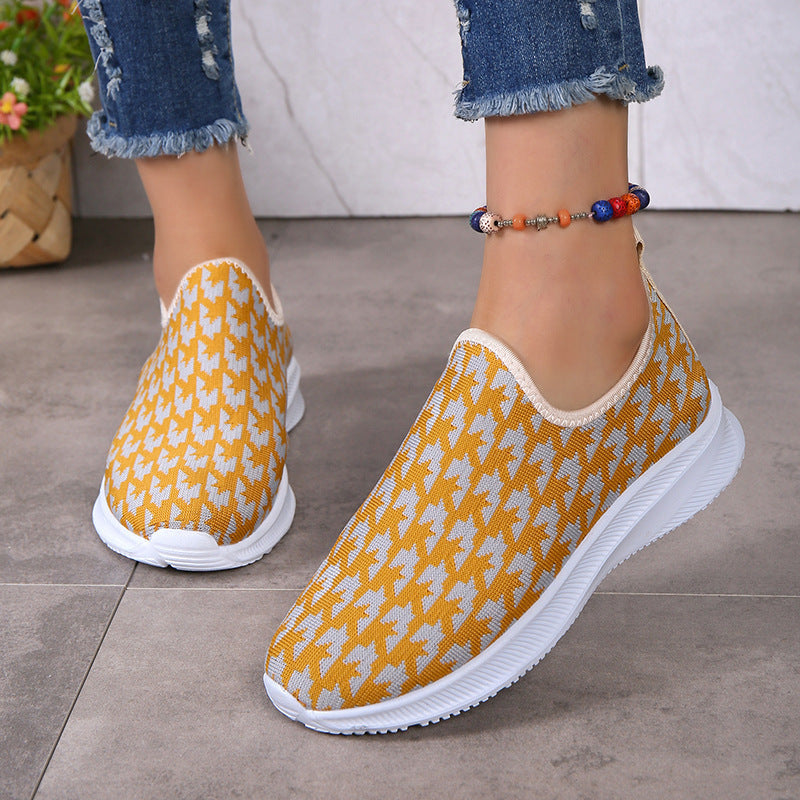 Houndstooth Print Sneakers Round Toe Mesh Flats Shoes