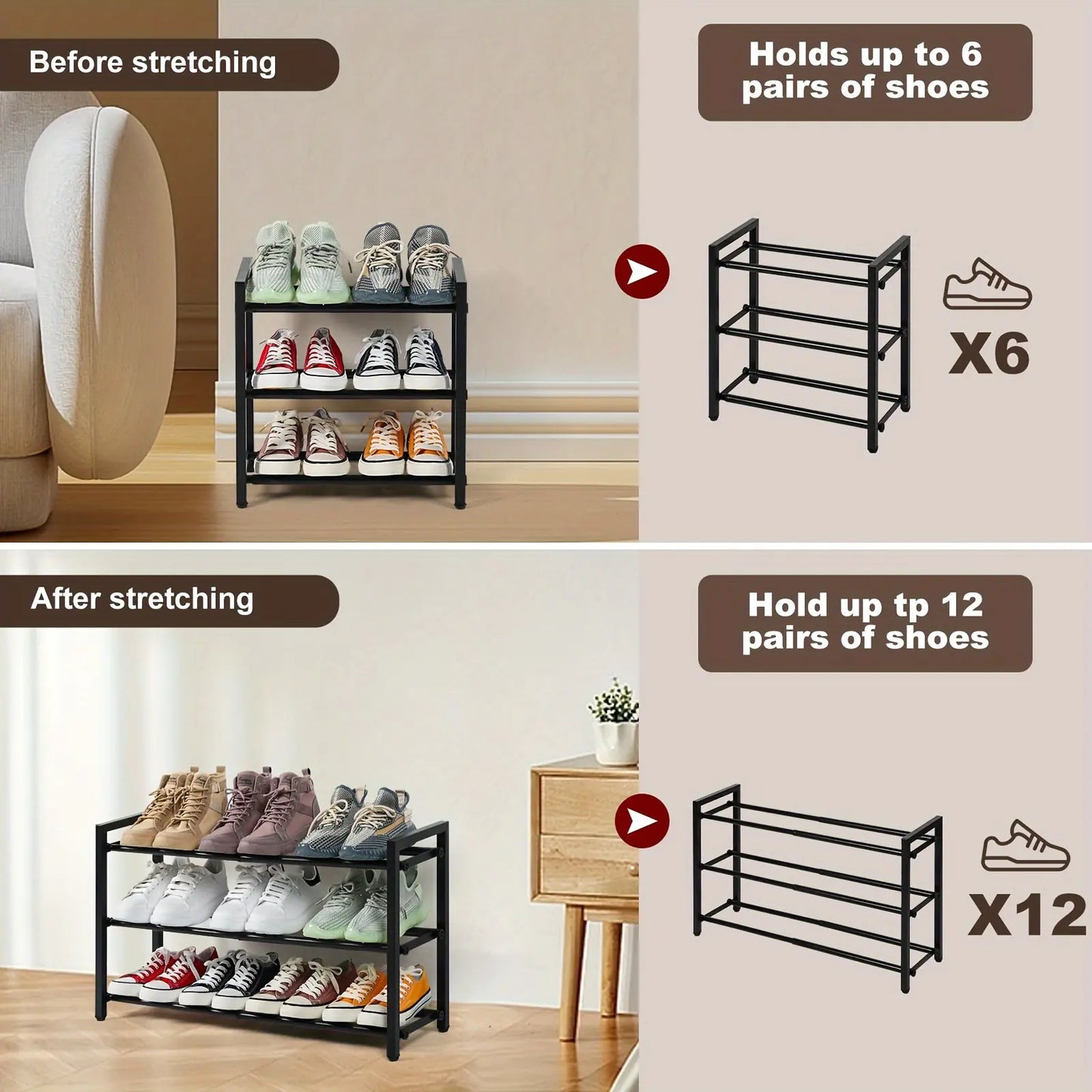 Expandable 3-Tier Metal Shoe Rack