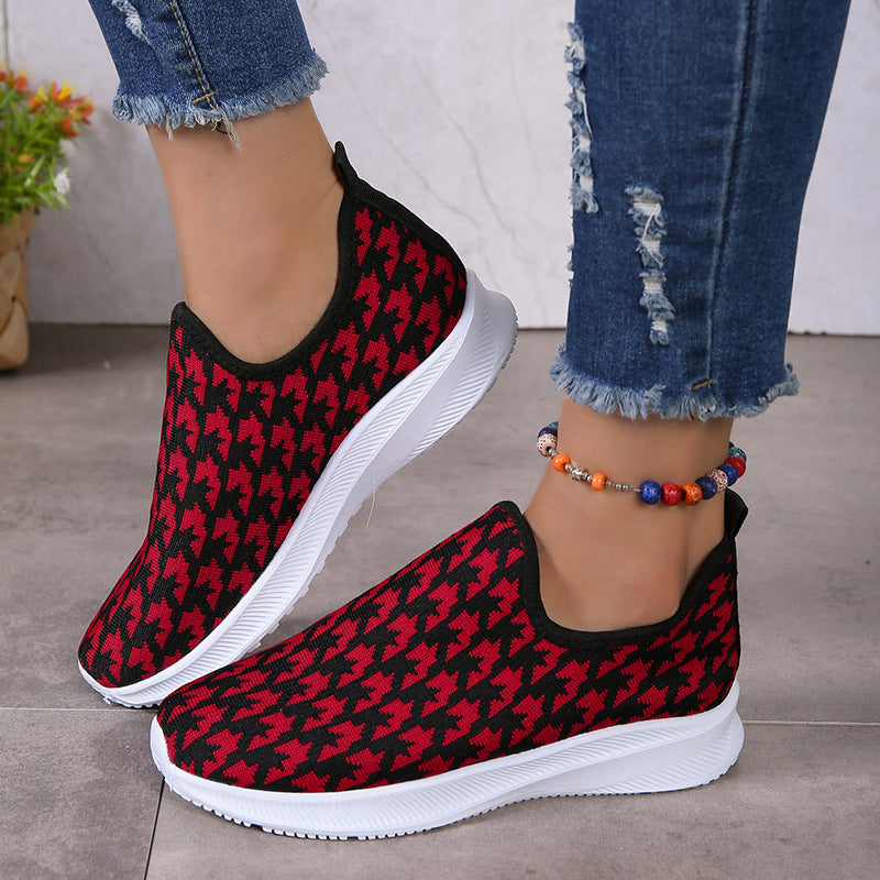 Houndstooth Print Sneakers Round Toe Mesh Flats Shoes