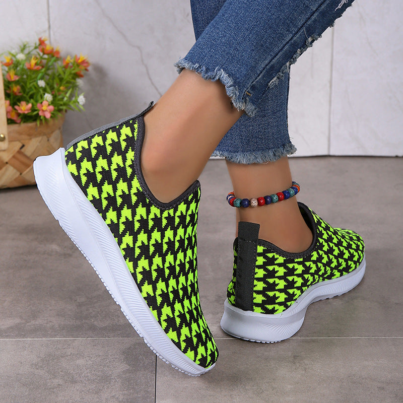 Houndstooth Print Sneakers Round Toe Mesh Flats Shoes