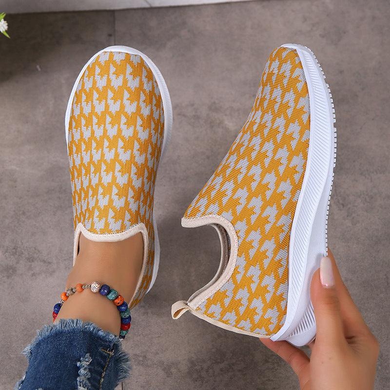 Houndstooth Print Sneakers Round Toe Mesh Flats Shoes