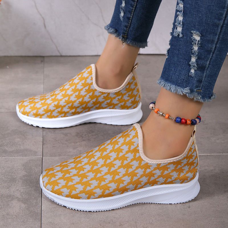 Houndstooth Print Sneakers Round Toe Mesh Flats Shoes