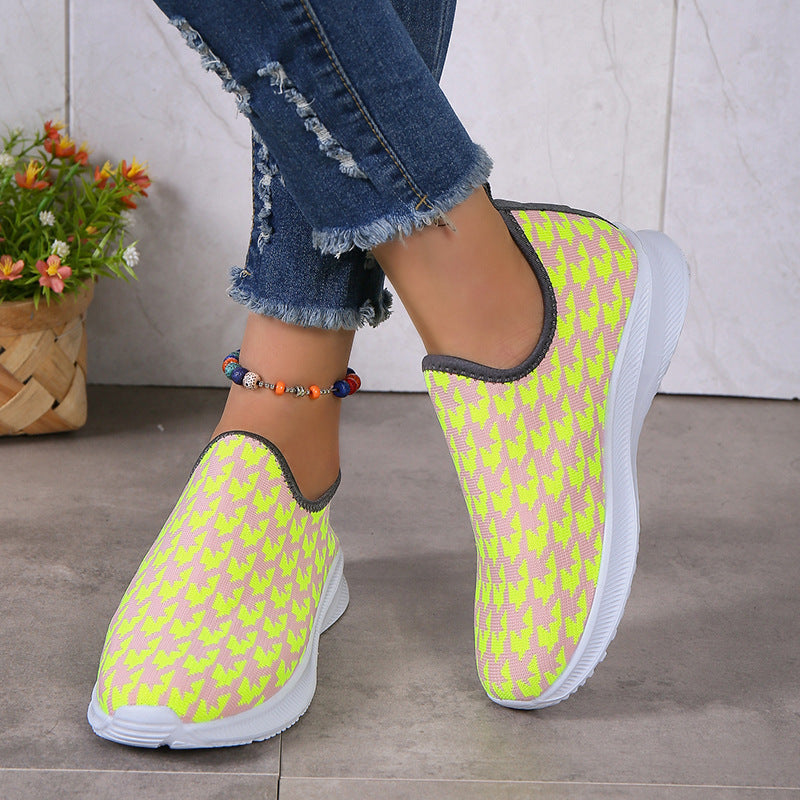 Houndstooth Print Sneakers Round Toe Mesh Flats Shoes