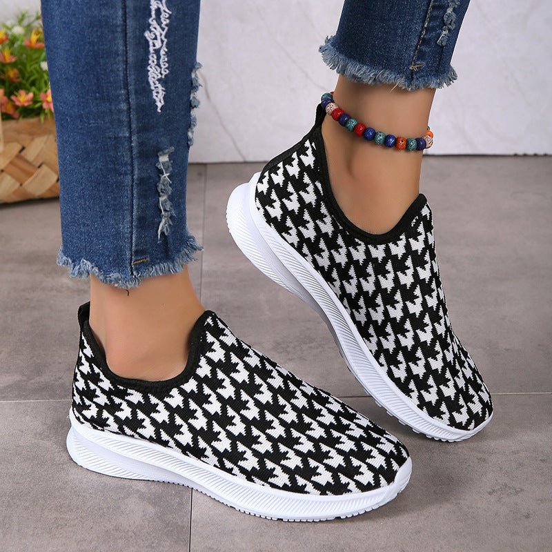 Houndstooth Print Sneakers Round Toe Mesh Flats Shoes