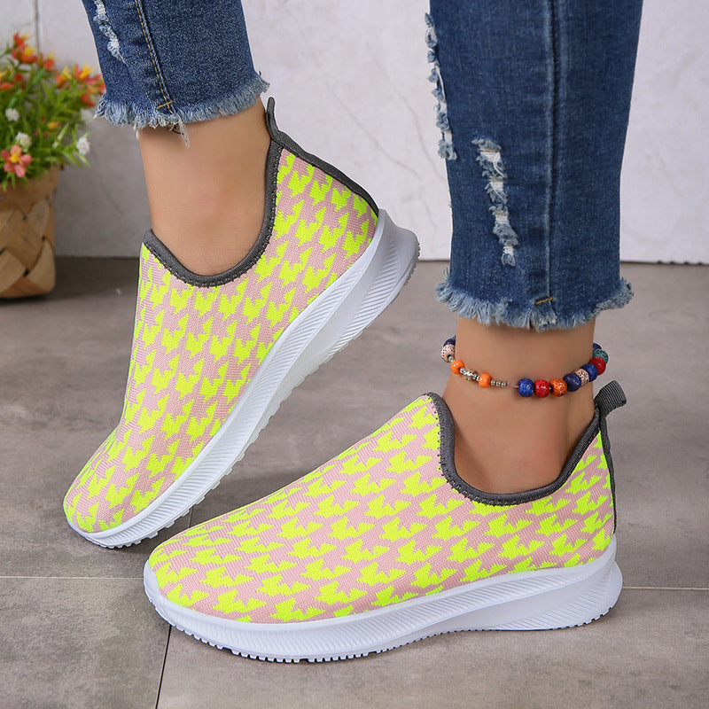 Houndstooth Print Sneakers Round Toe Mesh Flats Shoes