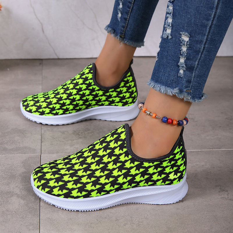 Houndstooth Print Sneakers Round Toe Mesh Flats Shoes